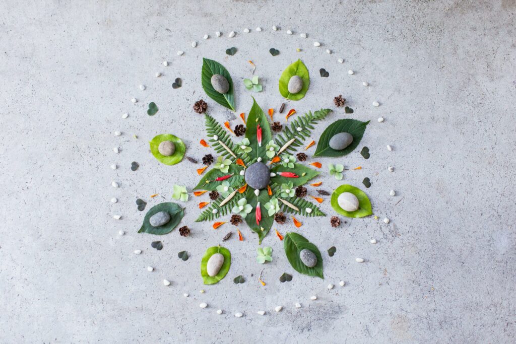 Aerial view of a mandala created with leaves, stones, and flowers arranged on a concrete surface.